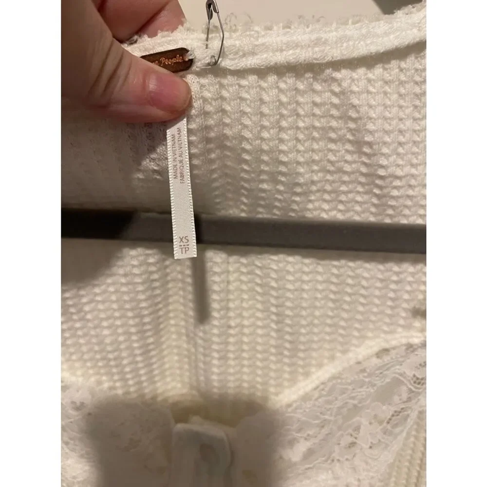 Free People White Lace-Trim Waffle Knit Button Cardigan